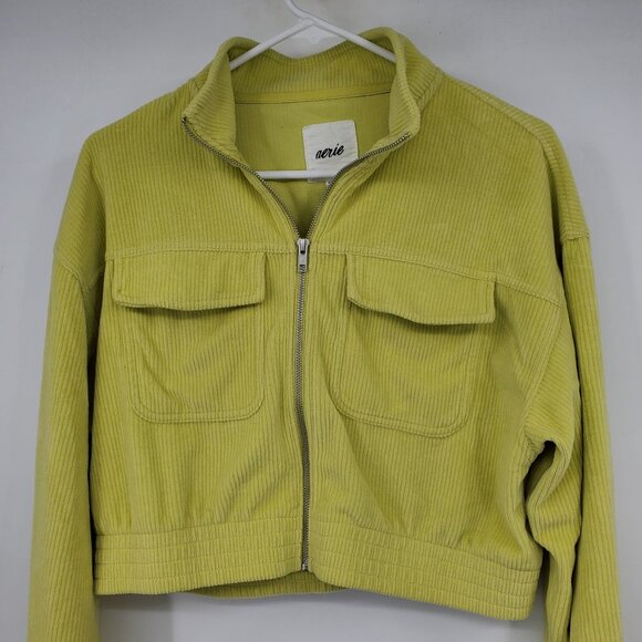 Aerie Zip Up Lime Corduroy Velour Cropped Long Sleeve Jacket Medium - Picture 5 of 8
